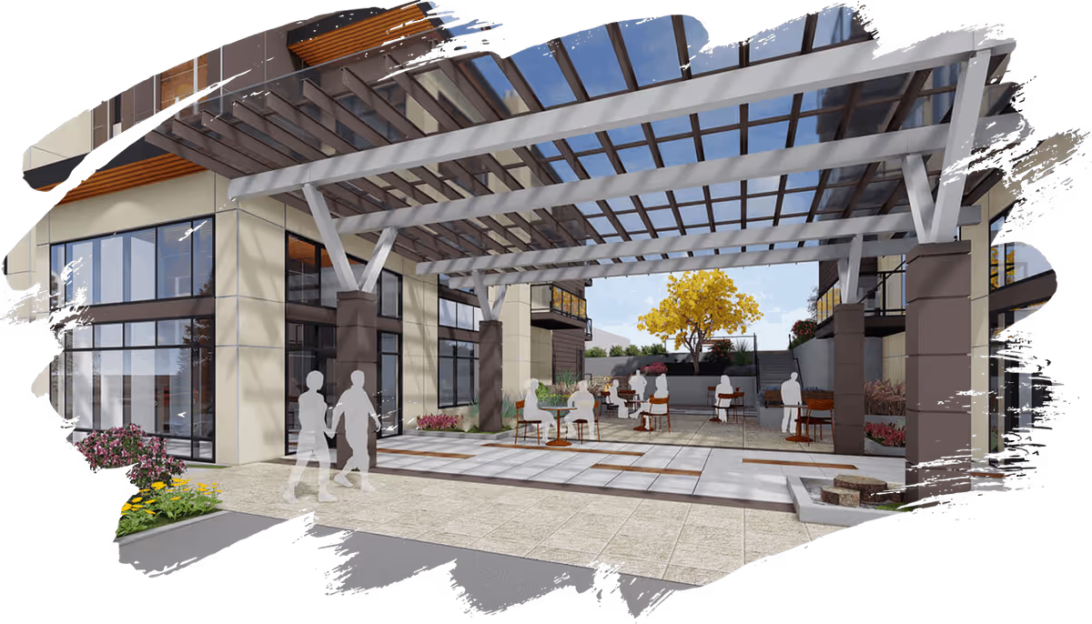 Outdoor patio area at a senior living facility with a pergola overhead, several tables and chairs, some with silhouettes of people sitting and others walking, surrounded by plants and a tree with yellow leaves in the background.