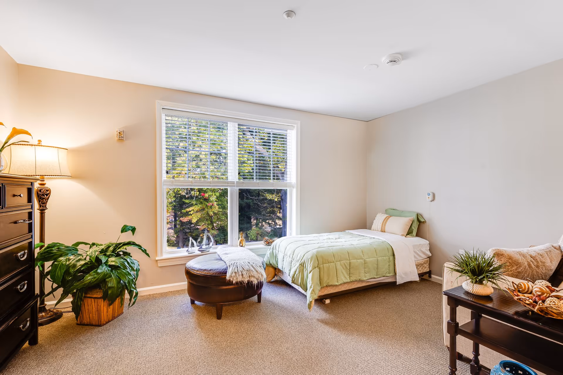 A bright and cozy bedroom in a senior living facility with a single bed covered in a light green comforter, a large window with white blinds showing trees outside, a dark wooden dresser with a lamp and plant beside it, a round leather ottoman with a white throw, and a small table with decorative items and a plant next to a beige couch.