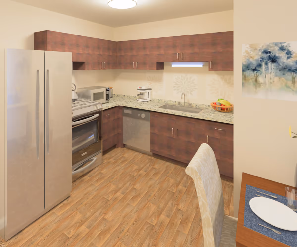 Modern kitchen with stainless steel appliances, L-shaped wood cabinets, granite countertops, and a dining chair in the foreground.