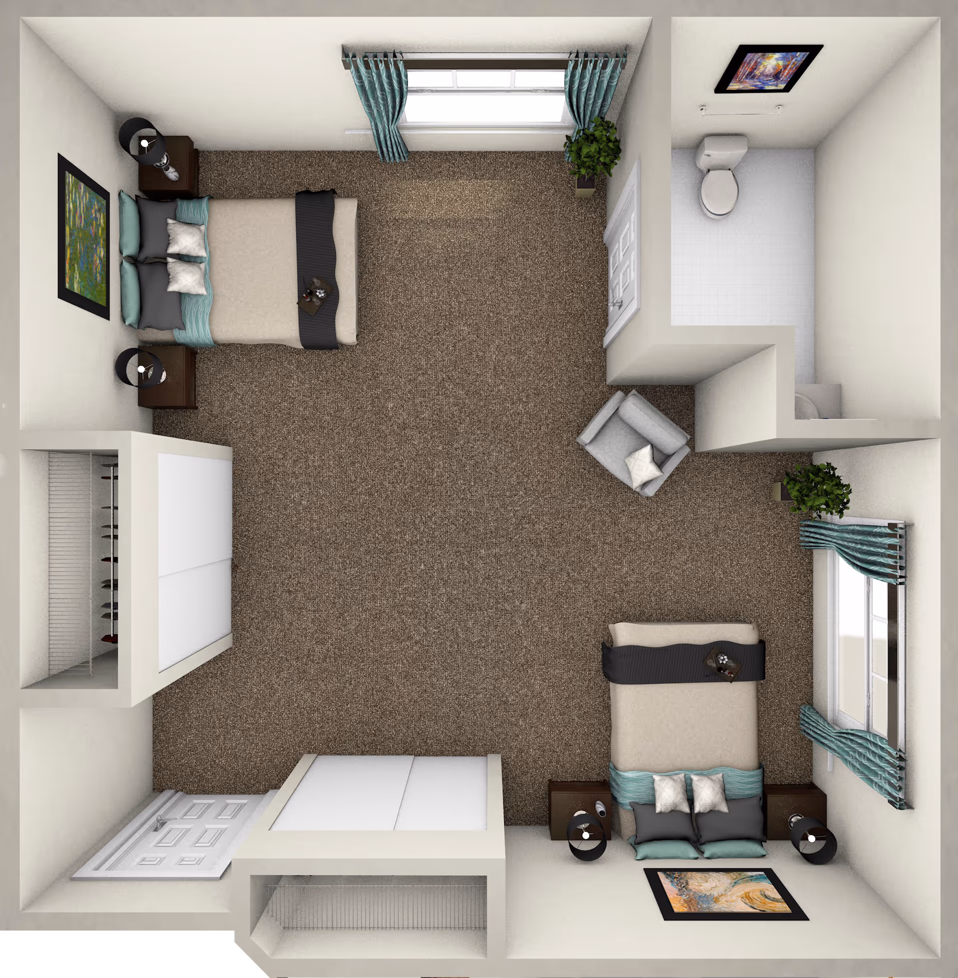Top-down view of a senior living facility room layout featuring two beds with nightstands and lamps, a small sitting area with a chair, a closet, and a bathroom with a toilet and sink. The room has carpeted flooring, windows with teal curtains, and framed artwork on the walls.