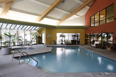 Indoor swimming pool area with clear water, surrounded by seating areas with chairs and plants. Large windows allow natural light to fill the space, and the ceiling has exposed beams.