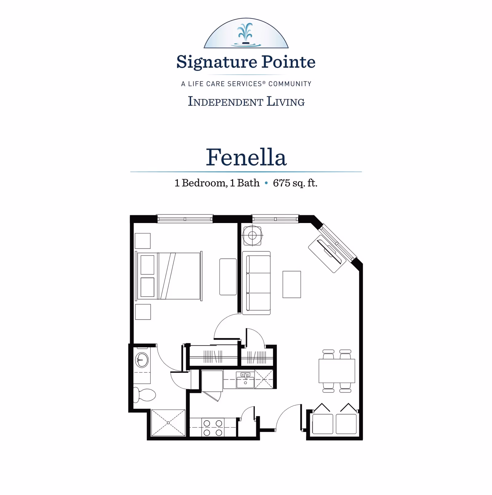 Floor plan of Fenella apartment at Signature Pointe, showing 1 bedroom and 1 bathroom with a total area of 675 square feet. The layout includes a bedroom with a bed and nightstands, a bathroom with a toilet and sink, a kitchen area with appliances, a living room with sofa and coffee table, and a dining area with a table and chairs.