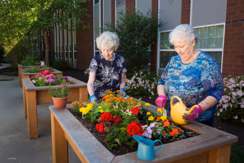 Two elderly women gardening together at raised wooden flower beds outside a brick building. One woman is watering the flowers with a yellow watering can, while the other tends to the plants. Various colorful flowers are blooming in the beds, and gardening tools and pots are visible nearby.