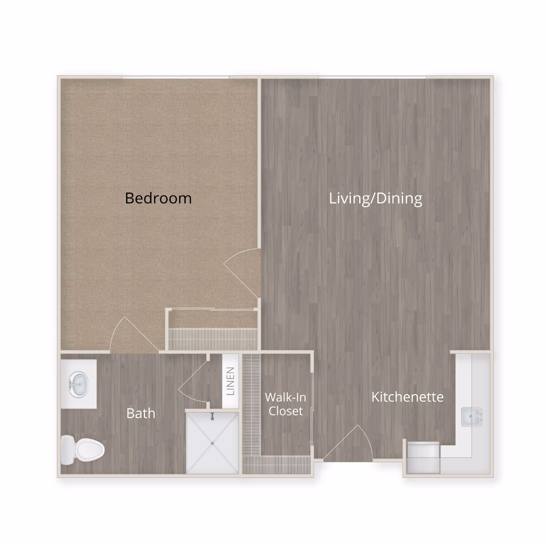 Floor plan showing a bedroom, living/dining area, kitchenette, and bathroom layout.