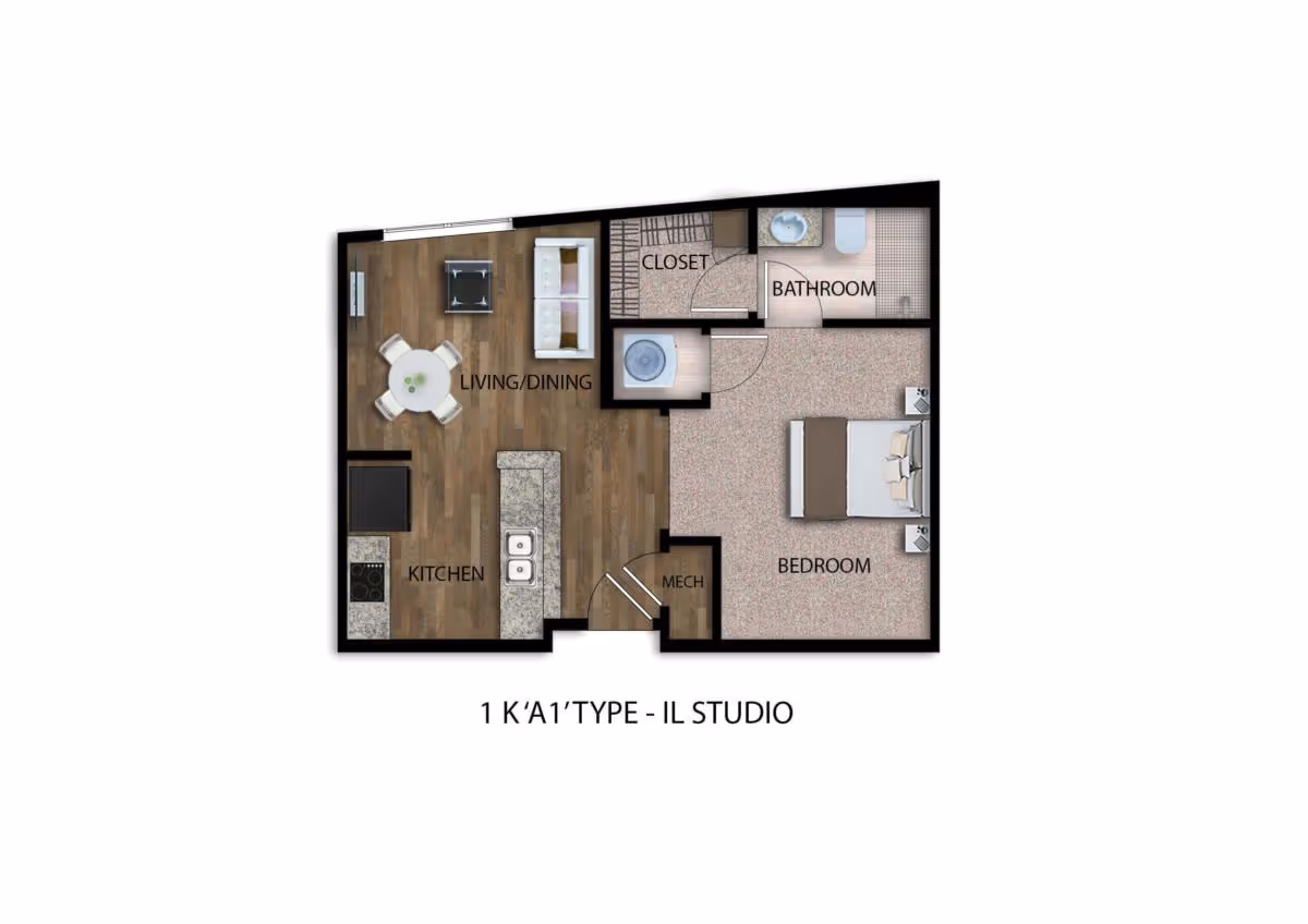 Top-down floor plan of a studio apartment showing a kitchen with island, living/dining area, bedroom, bathroom, and closet.