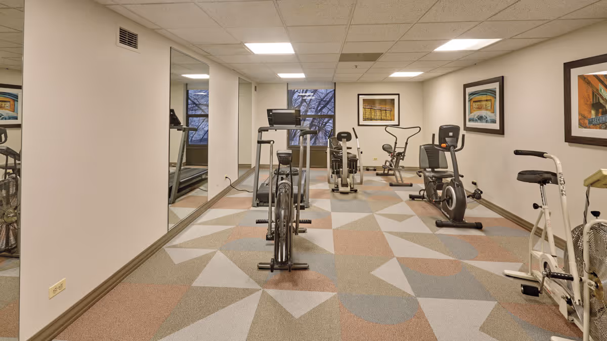 Indoor exercise room with several stationary exercise bikes and cardio equipment. The room has a patterned carpet with geometric shapes, white walls adorned with framed artwork, a large mirror on one side, and windows at the far end letting in natural light.
