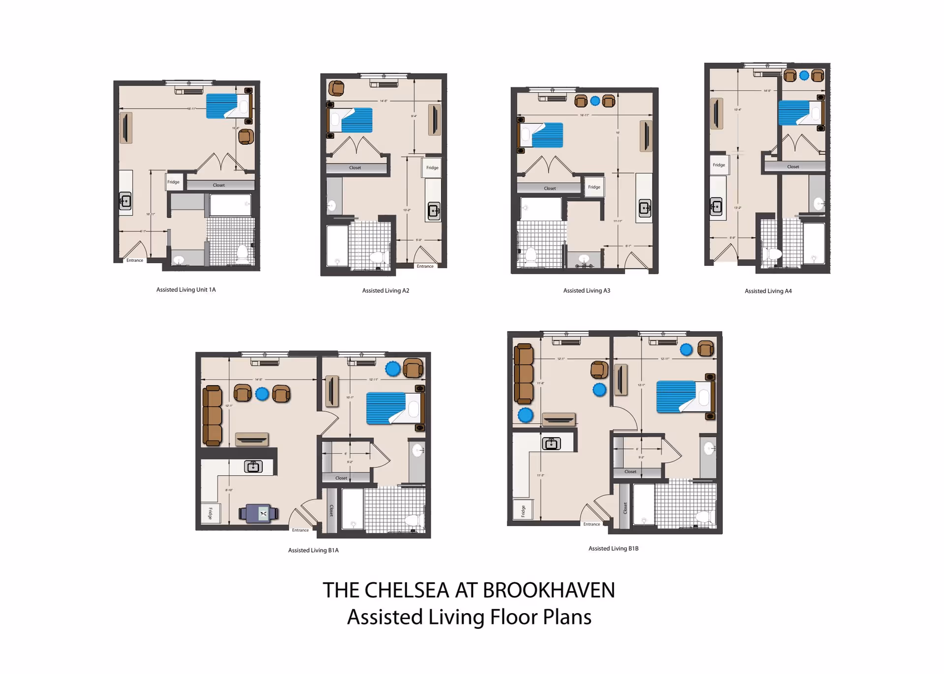 Floor plans for six different assisted living units labeled 1A, A2, A3, A4, B1A, and B1B at The Chelsea at Brookhaven, showing layouts with bedrooms, bathrooms, closets, kitchens, and living areas.