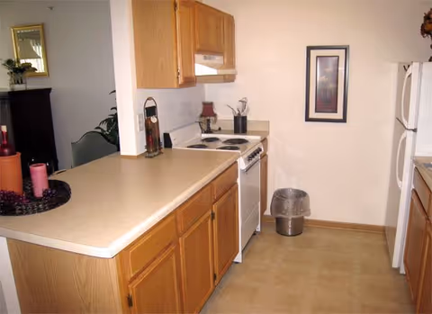 Small kitchen with oak cabinets, laminate countertops, an electric stove and refrigerator, and decorative items on the counter.