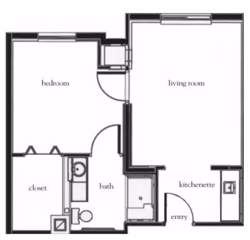 Floor plan of a senior living unit at Atria Park of St. Josephs showing a bedroom, closet, bathroom, living room, kitchenette, and entry area.