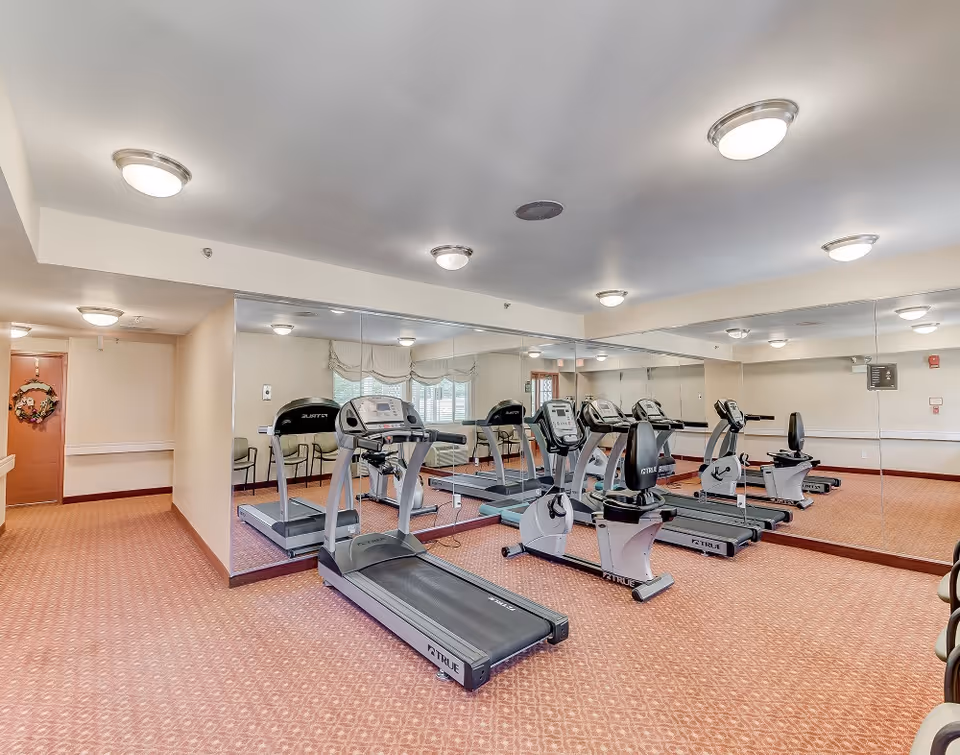 Exercise room with treadmills and stationary bikes in front of a large mirrored wall and red patterned carpet.