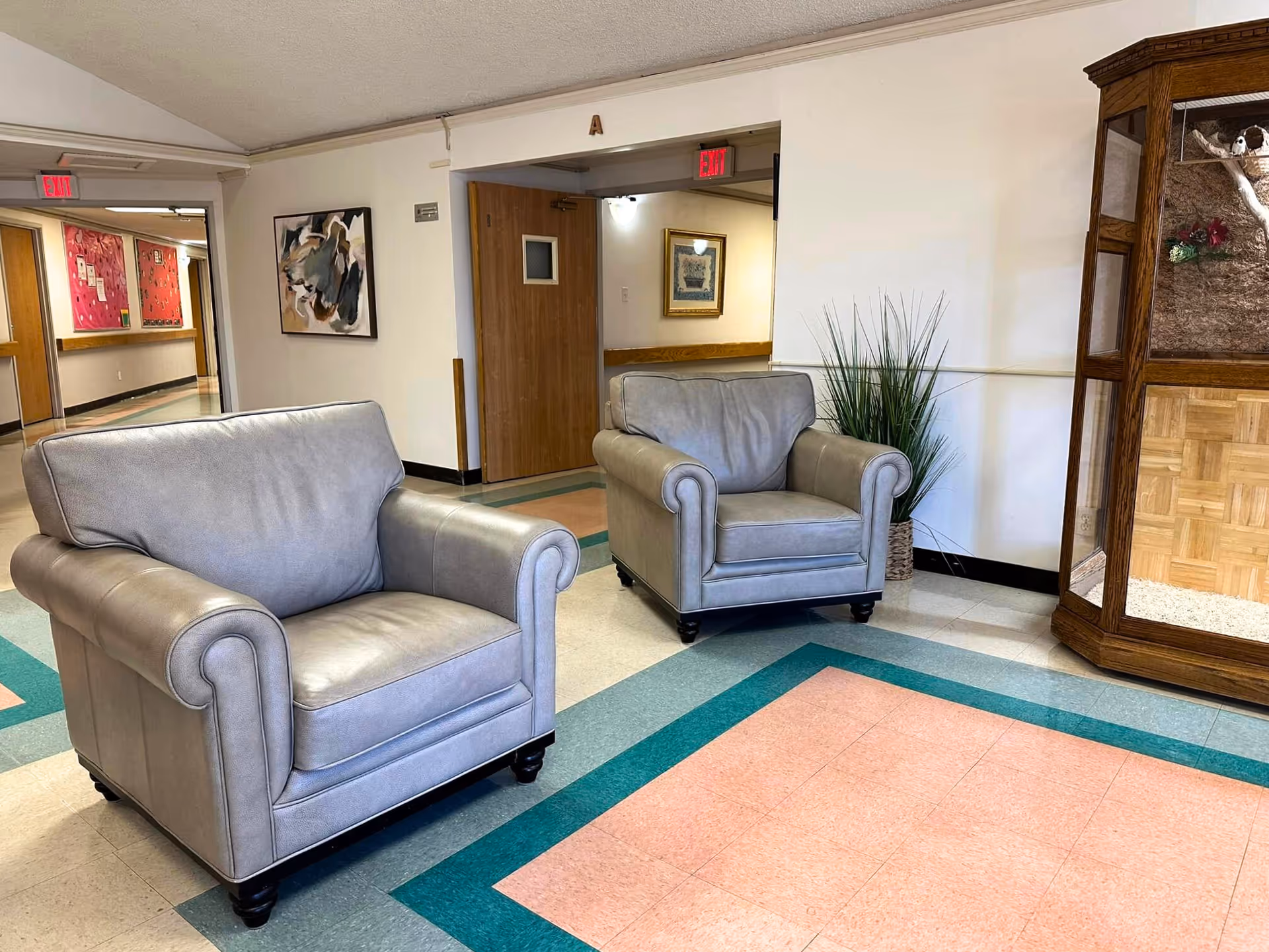 A seating area in a facility hallway with two gray armchairs placed on a tiled floor with pink and teal square patterns. There is a potted plant next to one chair and a wooden display case on the right side. The hallway has white walls with artwork and bulletin boards, and wooden doors with exit signs above them.