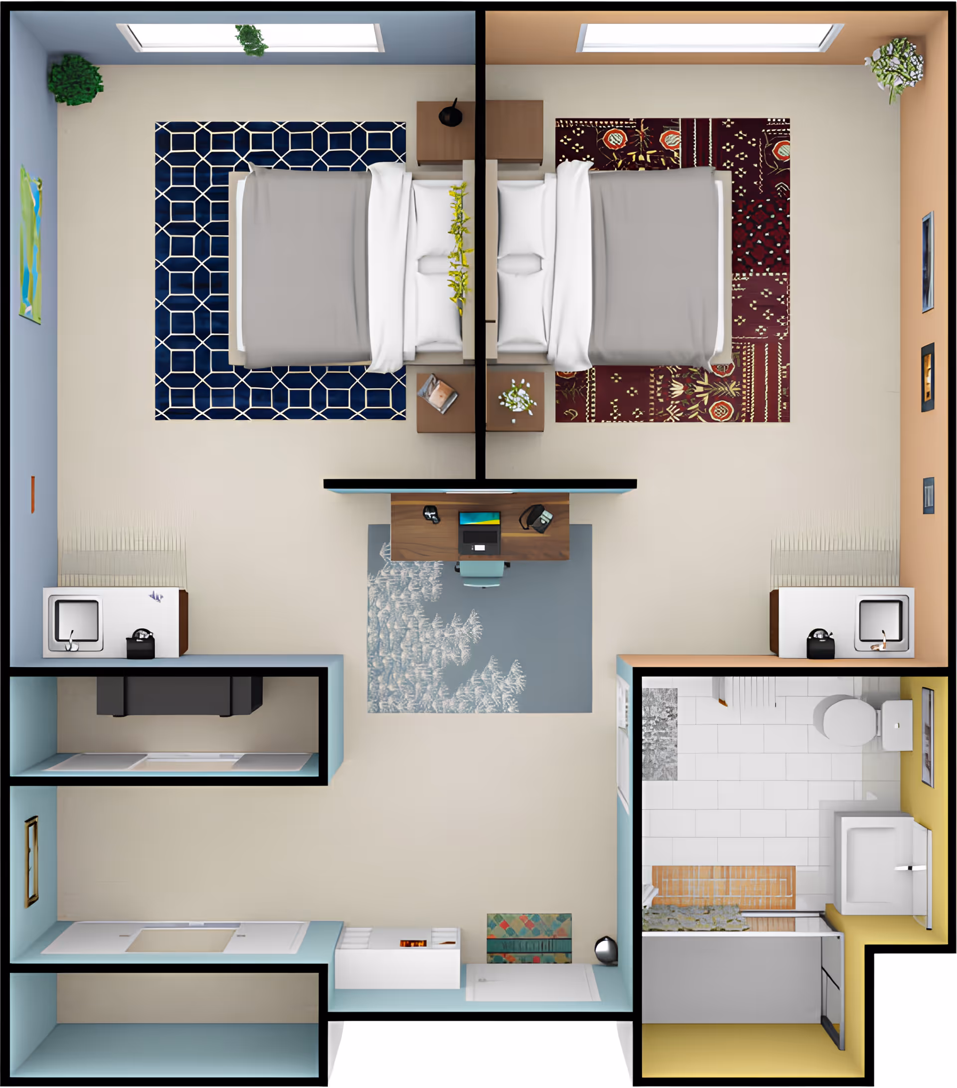 Top-down floor-plan view of a furnished senior-living apartment showing two adjacent beds separated by a partial wall, a central desk, kitchenette and bathroom.