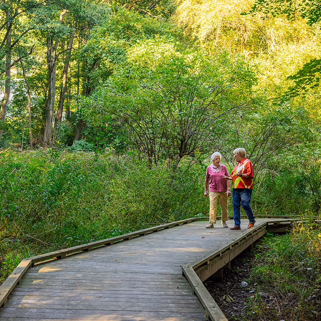 Two older adults walking and chatting on a wooden boardwalk through a lush green wooded area.