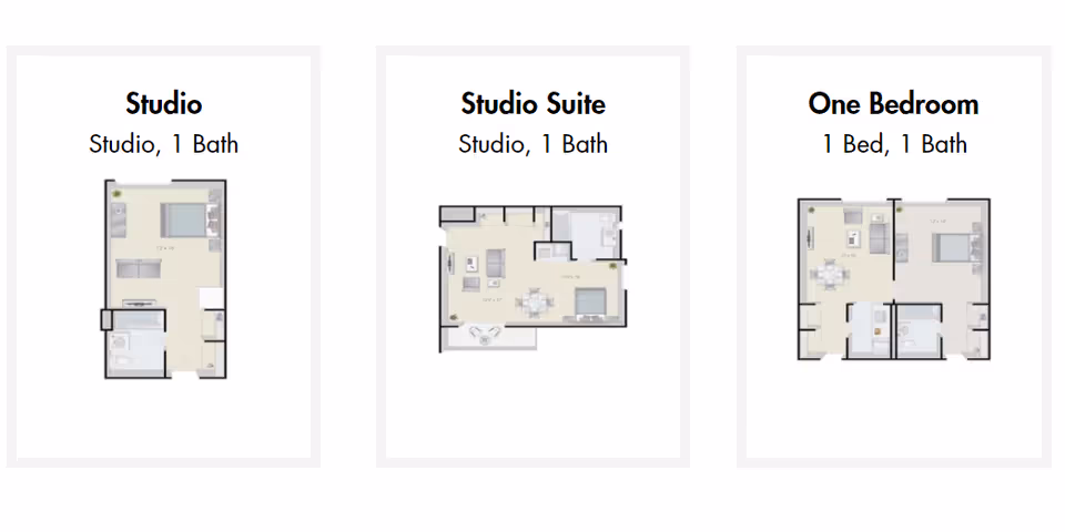Three printed apartment floor plan diagrams labeled "Studio," "Studio Suite," and "One Bedroom."