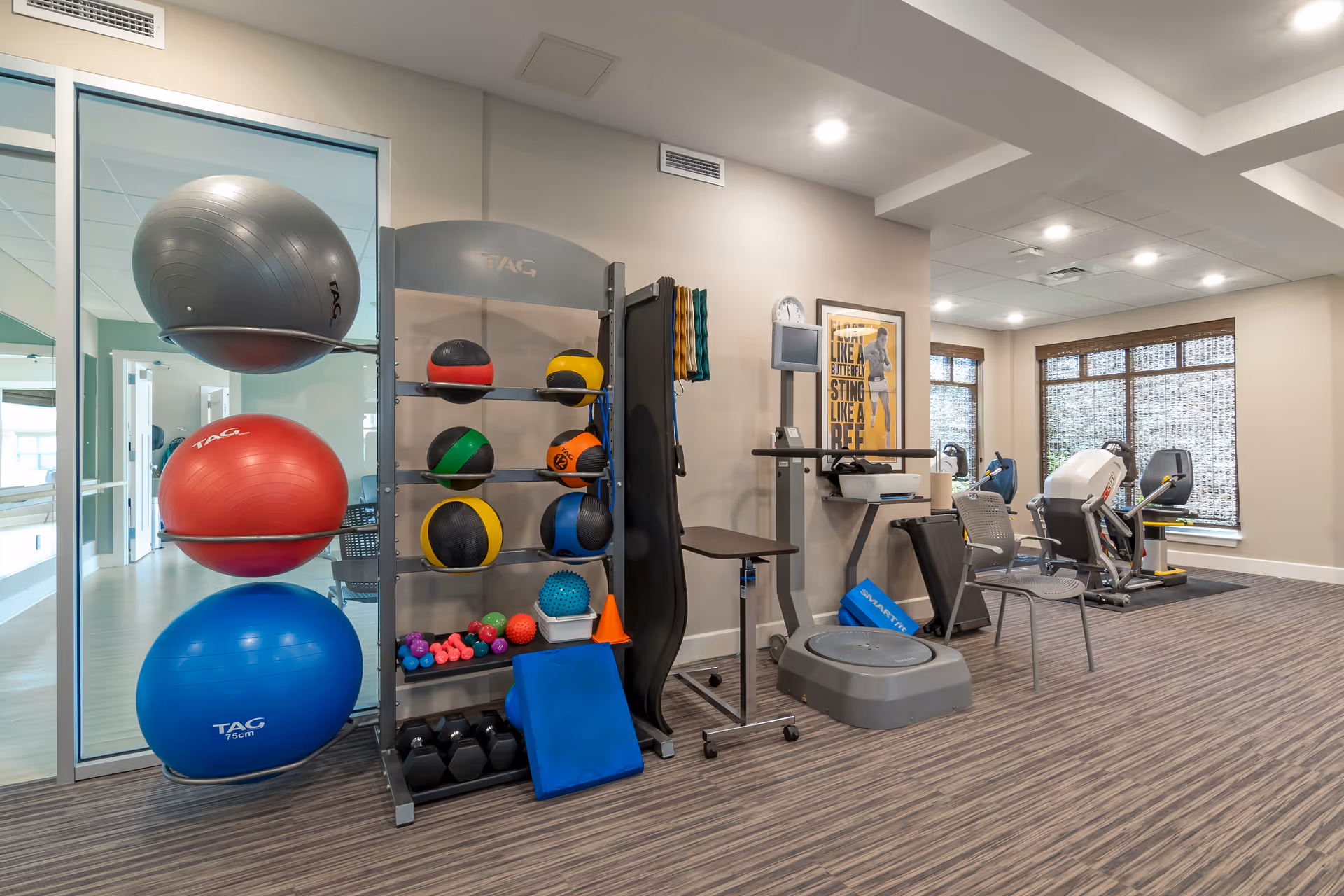 A senior living facility exercise room with various fitness equipment including large exercise balls, medicine balls, dumbbells, resistance bands, and exercise machines. The room has large windows with blinds, wood-patterned flooring, and bright overhead lighting.