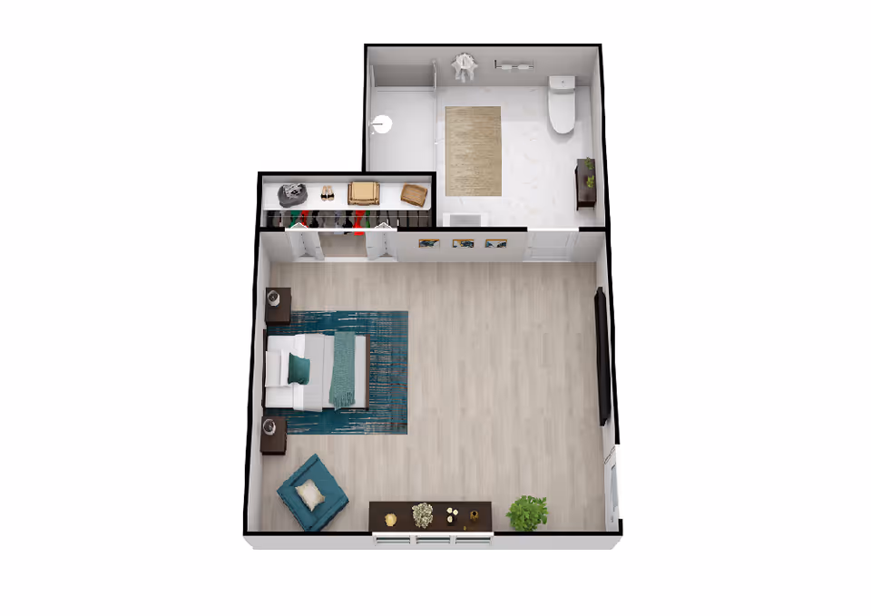 Top-down 3D floor plan of a studio apartment showing a bed with nightstands, a seating area, a closet, and a bathroom.