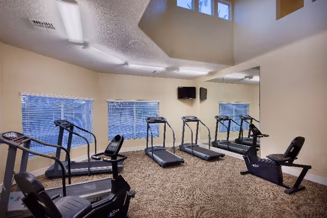 Small fitness room with several treadmills and recumbent bikes, a wall mirror, windows, and carpeted floor.