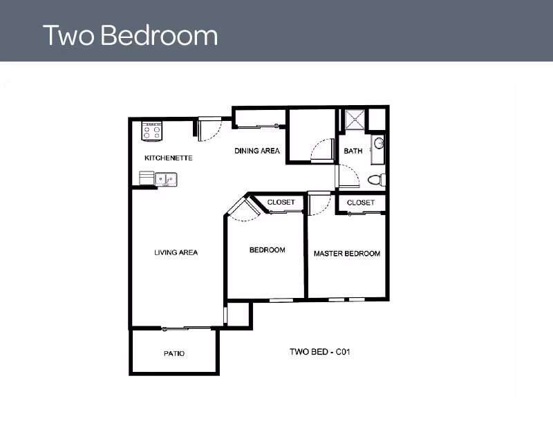 Black-and-white floor plan titled "Two Bedroom" showing a kitchenette, living and dining areas, two bedrooms with closets, a bathroom, and a patio.