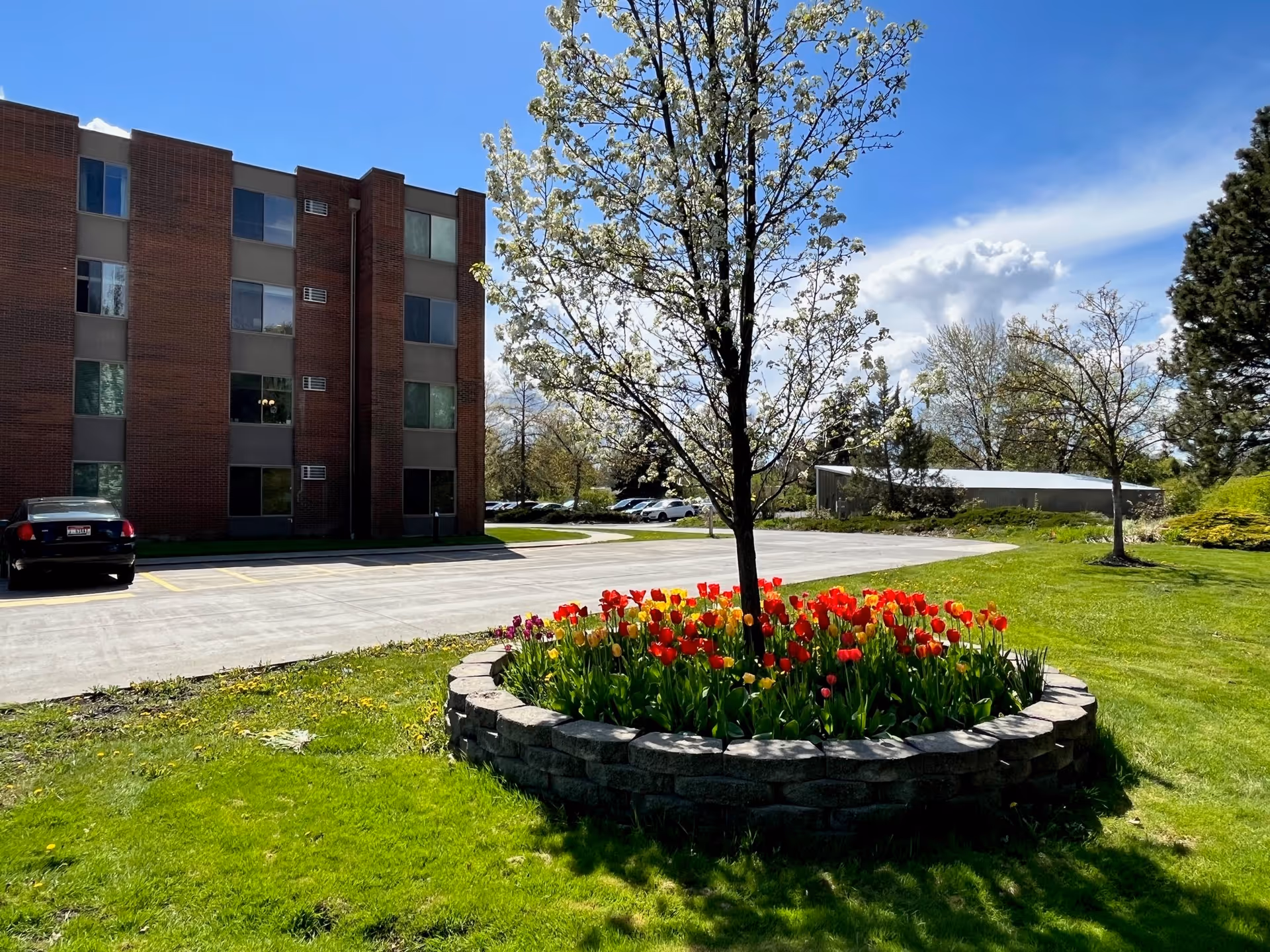 Exterior view of a brick retirement building with a circular raised flower bed of red and yellow tulips on a grassy lawn and a parking area under a blue sky.