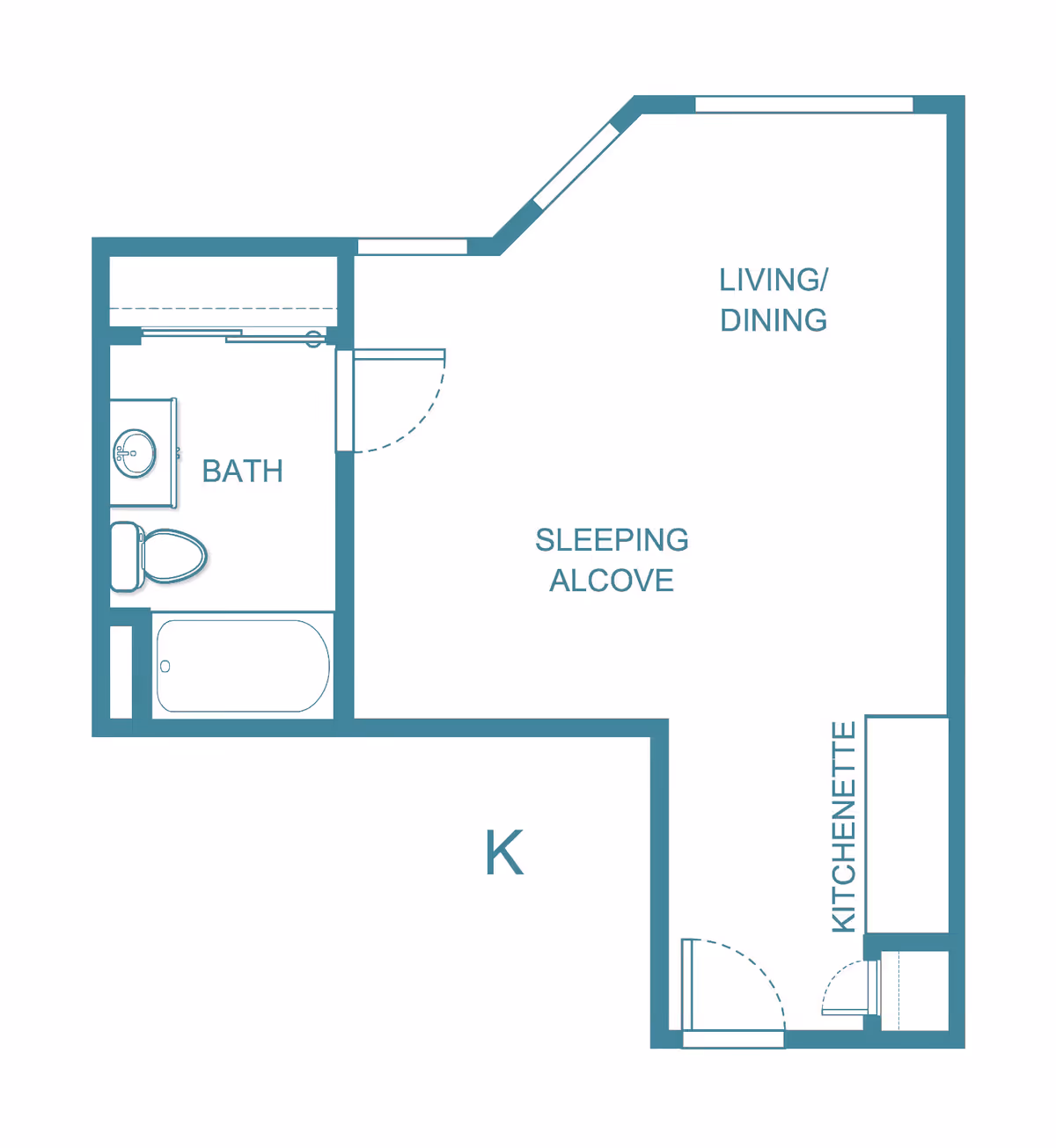 Floor plan of a studio apartment at Solista Roseburg showing a bath with a sink, toilet, and bathtub, a sleeping alcove, a living/dining area, a kitchenette, and an area labeled K.