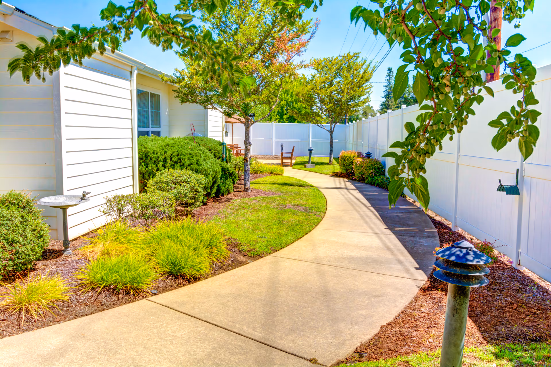 Curved concrete walkway through a landscaped courtyard beside a white building and vinyl fence with trees, shrubs, benches and outdoor lighting.