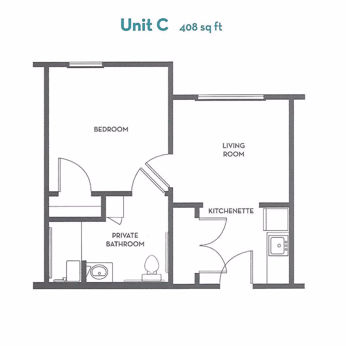 Floor plan of Unit C at Discovery Village Clear Lake showing a 408 square feet layout with a bedroom, private bathroom, living room, and kitchenette.