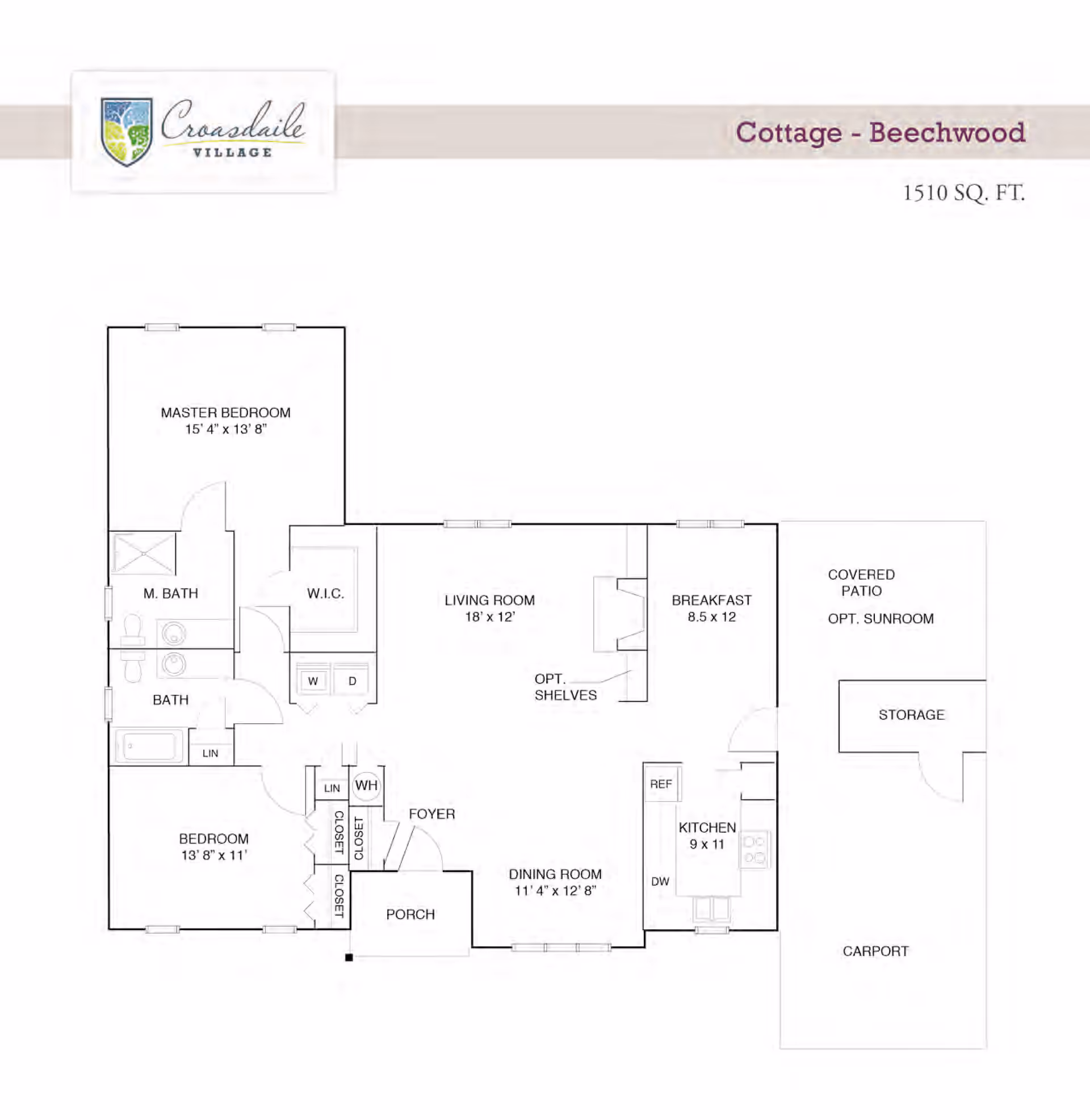 Floor plan of Croasdaile Village Cottage - Beechwood showing layout with master bedroom, bedroom, two bathrooms, living room, breakfast area, kitchen, dining room, foyer, porch, covered patio with optional sunroom, storage, and carport. Dimensions and some features like closets, washer/dryer, and optional shelves are indicated.