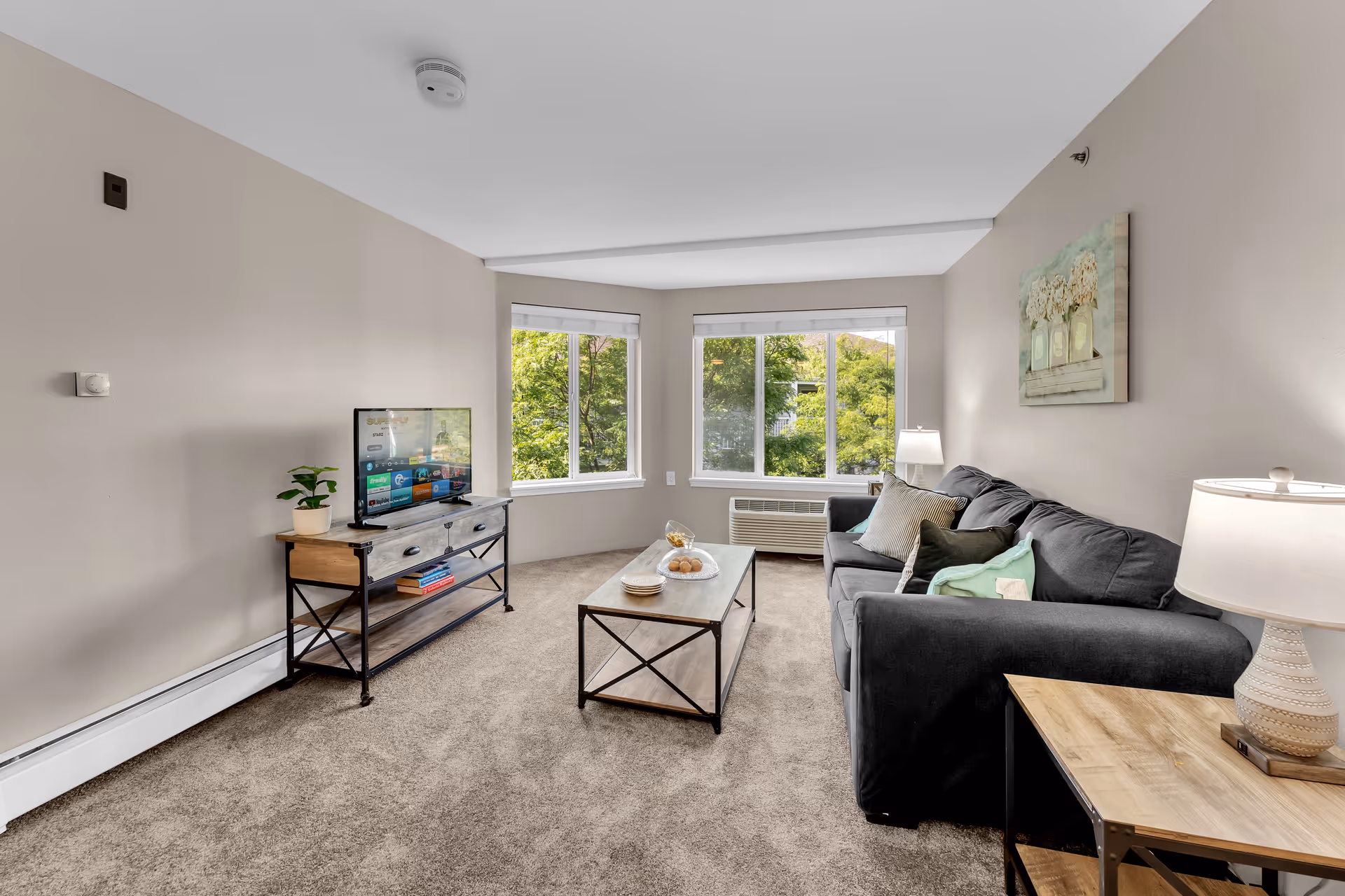 Bright furnished living room with a gray sofa, coffee table, TV on a stand, and large windows showing greenery.