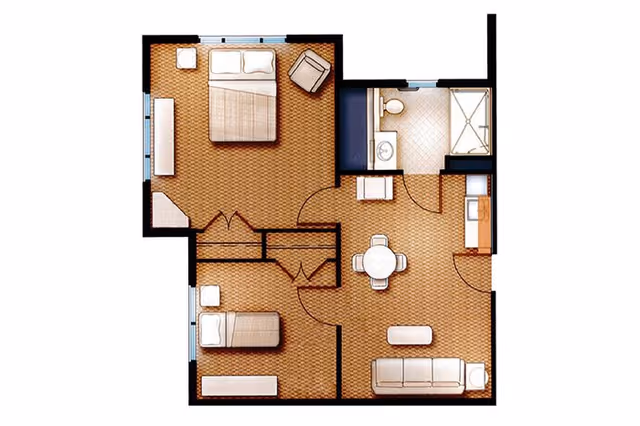 Floor plan of an assisted living apartment featuring a bedroom with a double bed and chair, a smaller bedroom with a single bed, a bathroom with a shower, a living room with a sofa and coffee table, and a dining area with a round table and four chairs.