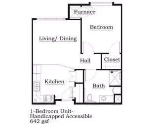 Floor plan of a 1-bedroom handicapped accessible unit with 642 square feet. The layout includes a kitchen, living/dining area, bedroom, hall, closet, bathroom, and furnace area.