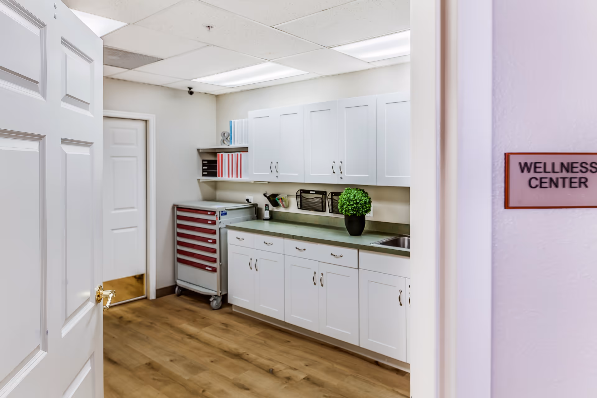 View into a wellness center room with white cabinets, a countertop with a small potted plant, a sink, and a red and silver medical supply cart. The floor is wooden, and the ceiling has fluorescent lights. A sign on the wall outside the room reads 'WELLNESS CENTER'.