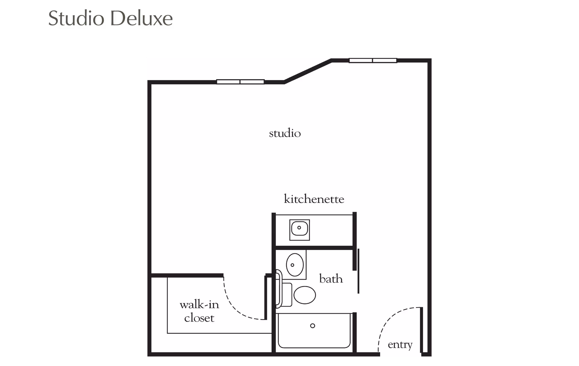 Floor plan of a Studio Deluxe apartment featuring a studio area, kitchenette, bath, walk-in closet, and entry door.