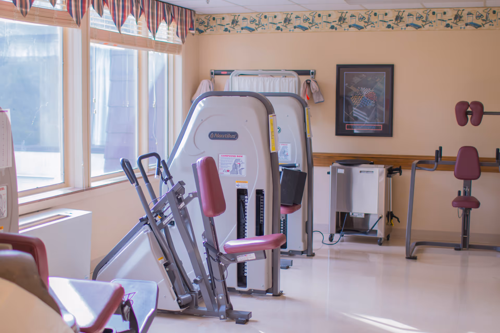 A well-lit exercise room with various fitness machines including a Nautilus strength training machine with maroon padded seats and handles. The room has large windows with striped valances, a framed picture on the wall, and light-colored walls with a decorative border near the ceiling.
