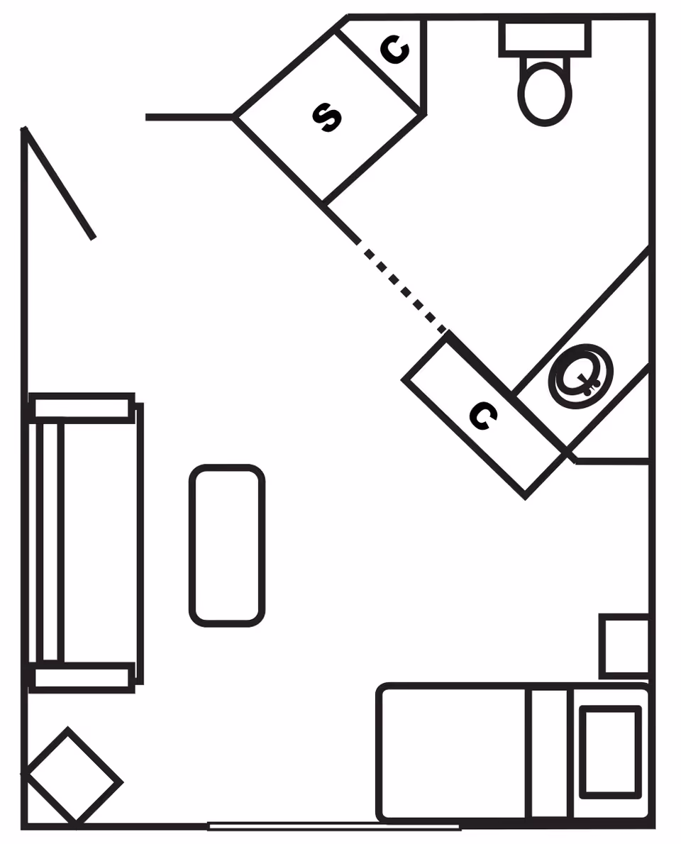 Black and white floor plan of a small living space including a bedroom area with a bed, a living area with a sofa and coffee table, and a bathroom with a toilet and shower.