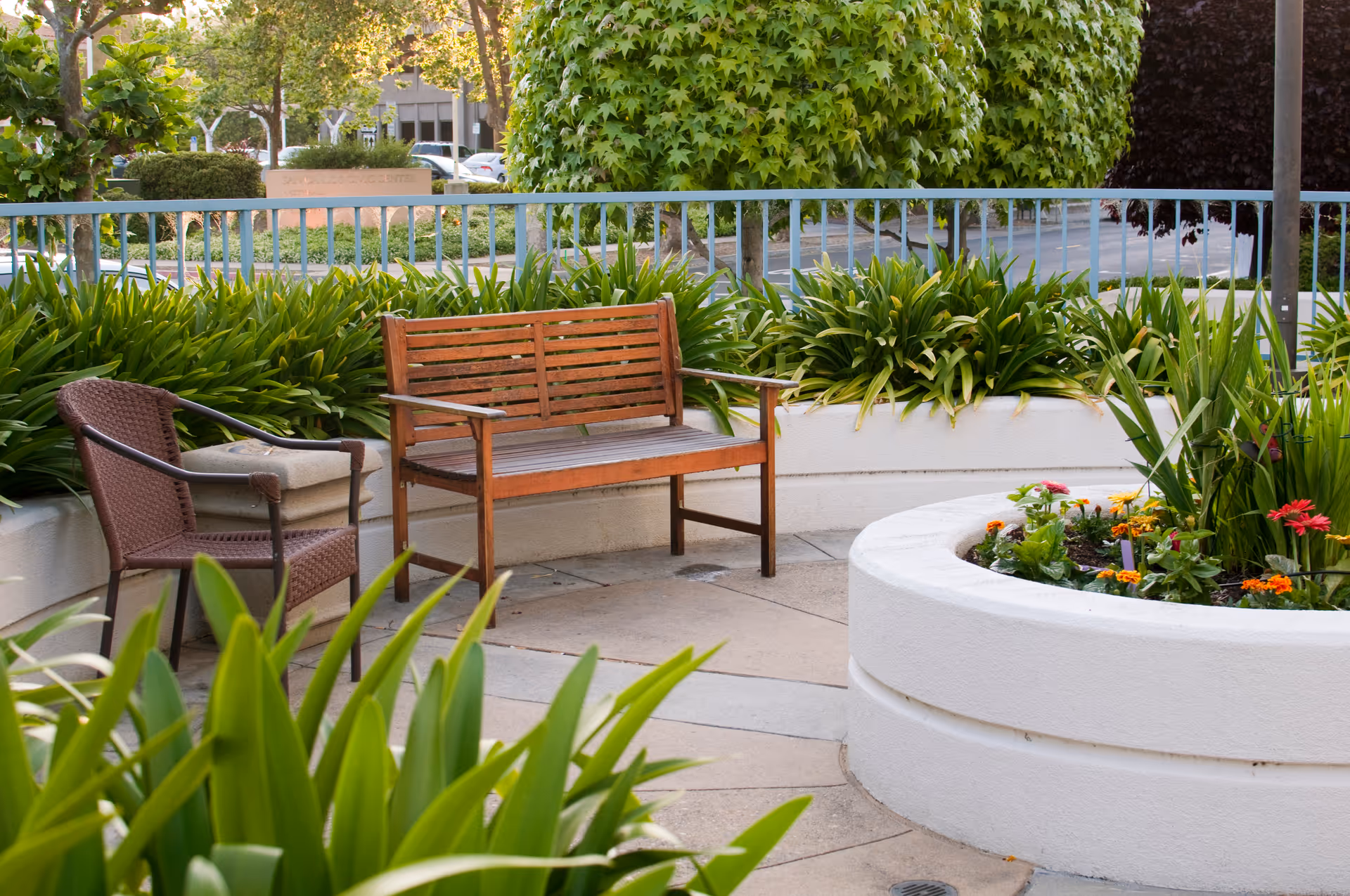 Outdoor courtyard with a wooden bench and chair beside raised white planters filled with green plants and flowers.