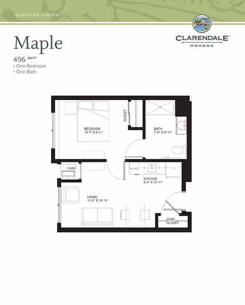 Floor plan of a one-bedroom, one-bath assisted living apartment named Maple at Clarendale of Mokena, showing a bedroom, bathroom, kitchen, living area, closet, coat closet, and HVAC area with dimensions.