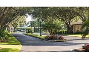 Tree-lined driveway with a landscaped median, lampposts, and nearby single-story buildings under dappled sunlight.