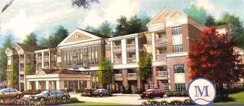 Illustration of a large, multi-story residential building with a covered entrance, multiple balconies, and landscaped surroundings including trees and bushes.