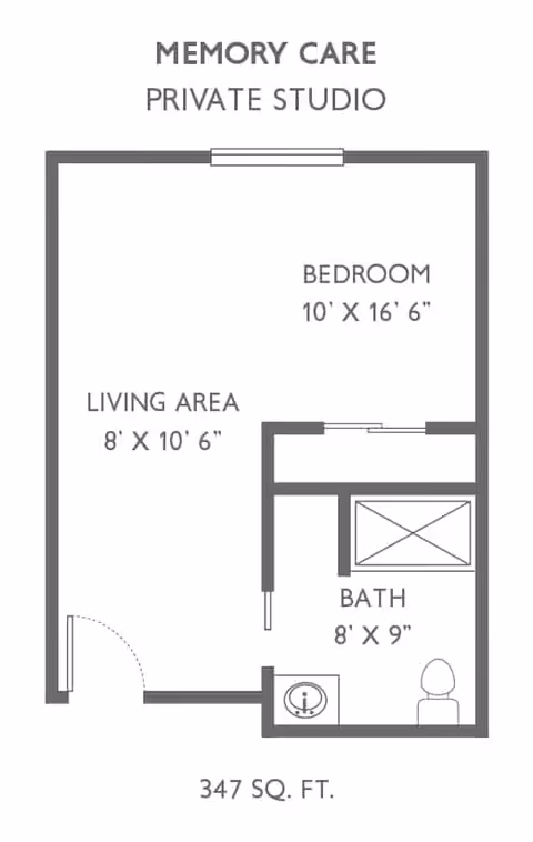 Floor plan layout of a memory care private studio at Traditions of Beavercreek, showing a bedroom measuring 10 feet by 16 feet 6 inches, a living area measuring 8 feet by 10 feet 6 inches, and a bathroom measuring 8 feet by 9 feet, totaling 347 square feet.