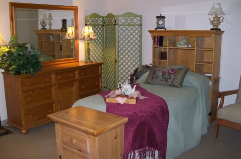 A cozy furnished bedroom with a single bed covered in green bedding and a purple throw, wooden dresser and nightstand, decorative screen, and a chair.