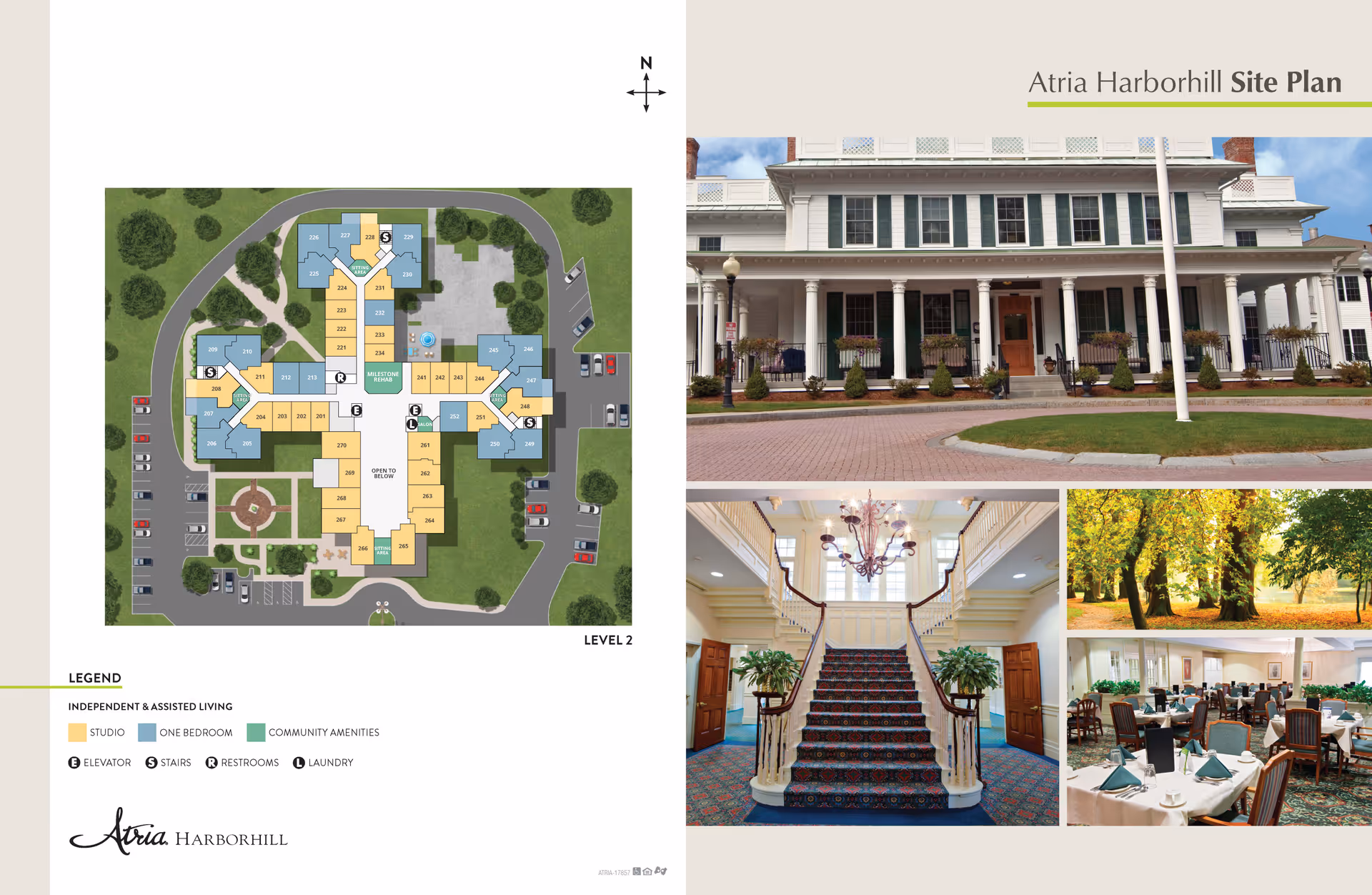 Atria Harborhill site plan showing the layout of independent and assisted living units, community amenities, elevators, stairs, restrooms, and laundry on level 2. Adjacent images include the front exterior of a large white building with columns and a porch, an elegant interior staircase with carpet and plants, a dining room set with tables, chairs, and place settings, and an outdoor scene with trees and a grassy area.