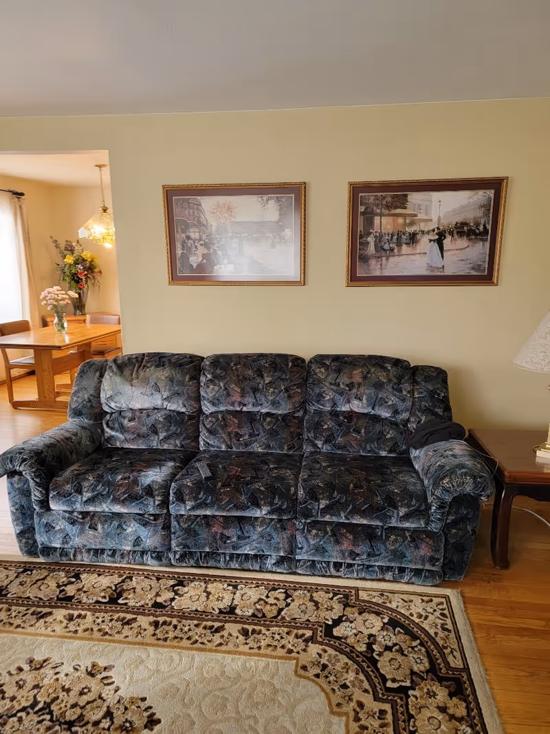 Three-seat patterned sofa against a wall with two framed pictures, a side table and a decorative rug with a dining area visible through an opening.