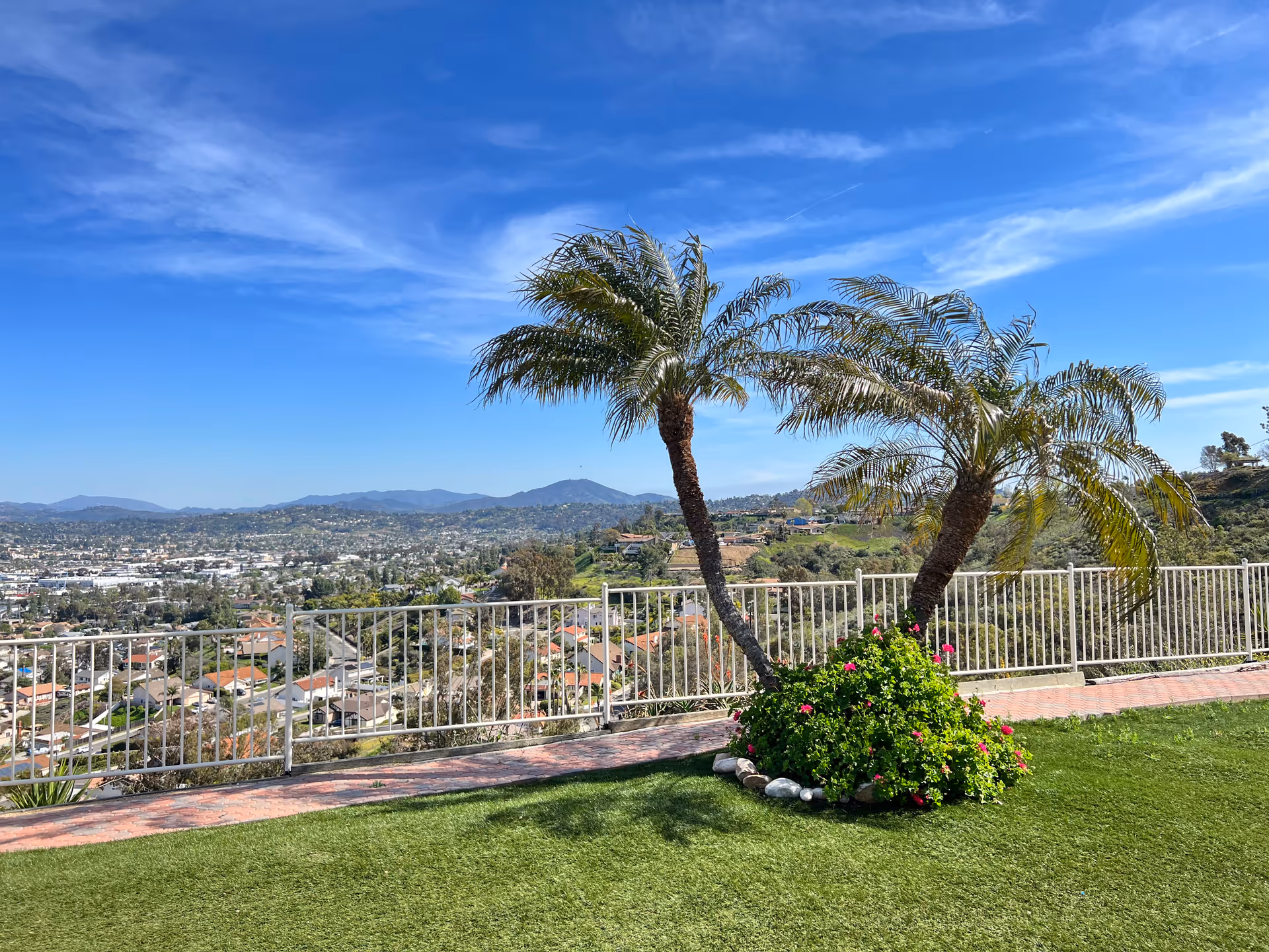 Outdoor view from a hillside facility showing a green lawn with two palm trees surrounded by flowering plants, a white metal fence, and a panoramic view of a cityscape with houses and mountains under a blue sky with wispy clouds.