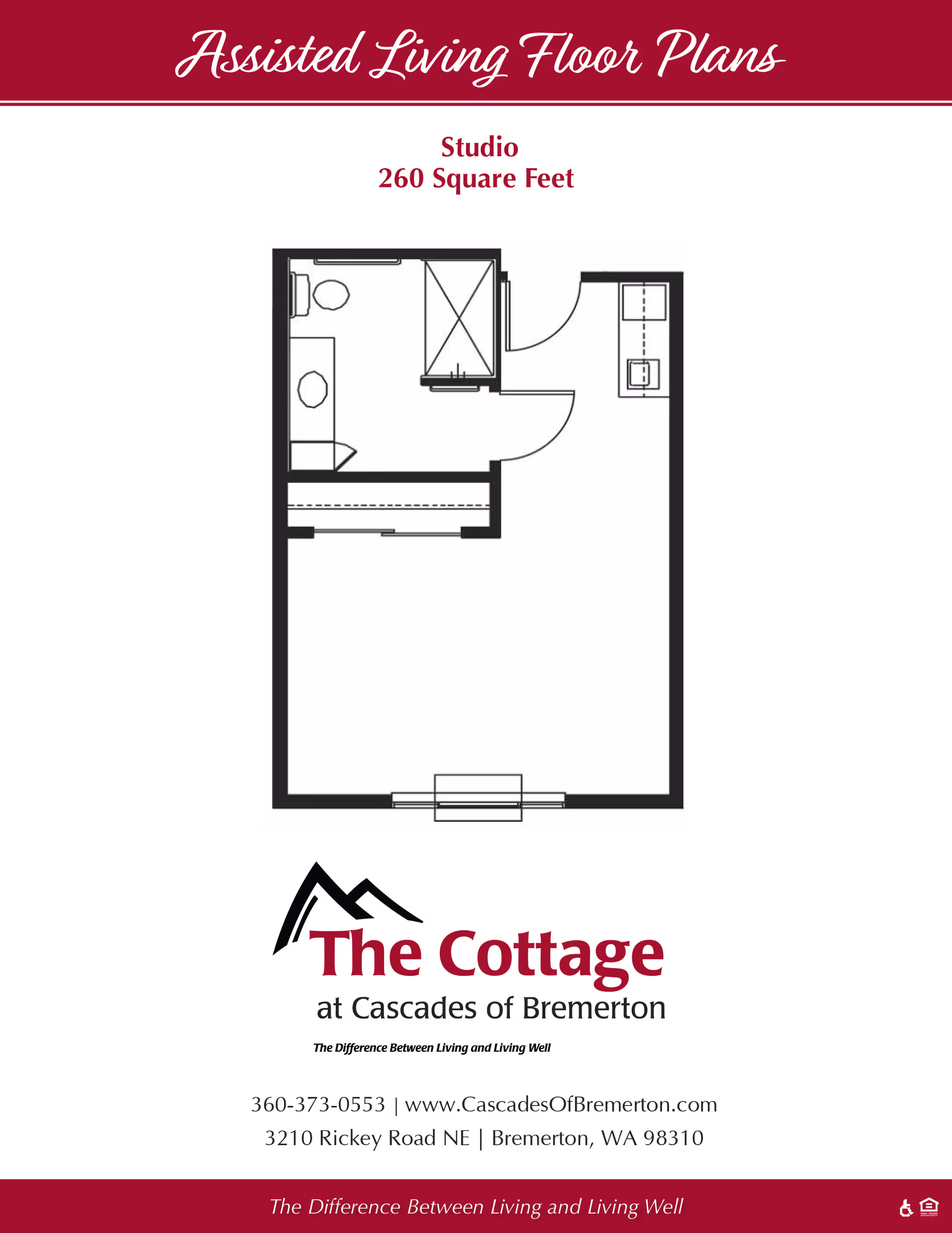 Floor plan of a studio assisted living apartment named The Cottage at Cascades of Bremerton, showing a 260 square feet layout with a bathroom, closet, kitchenette, and living/sleeping area.