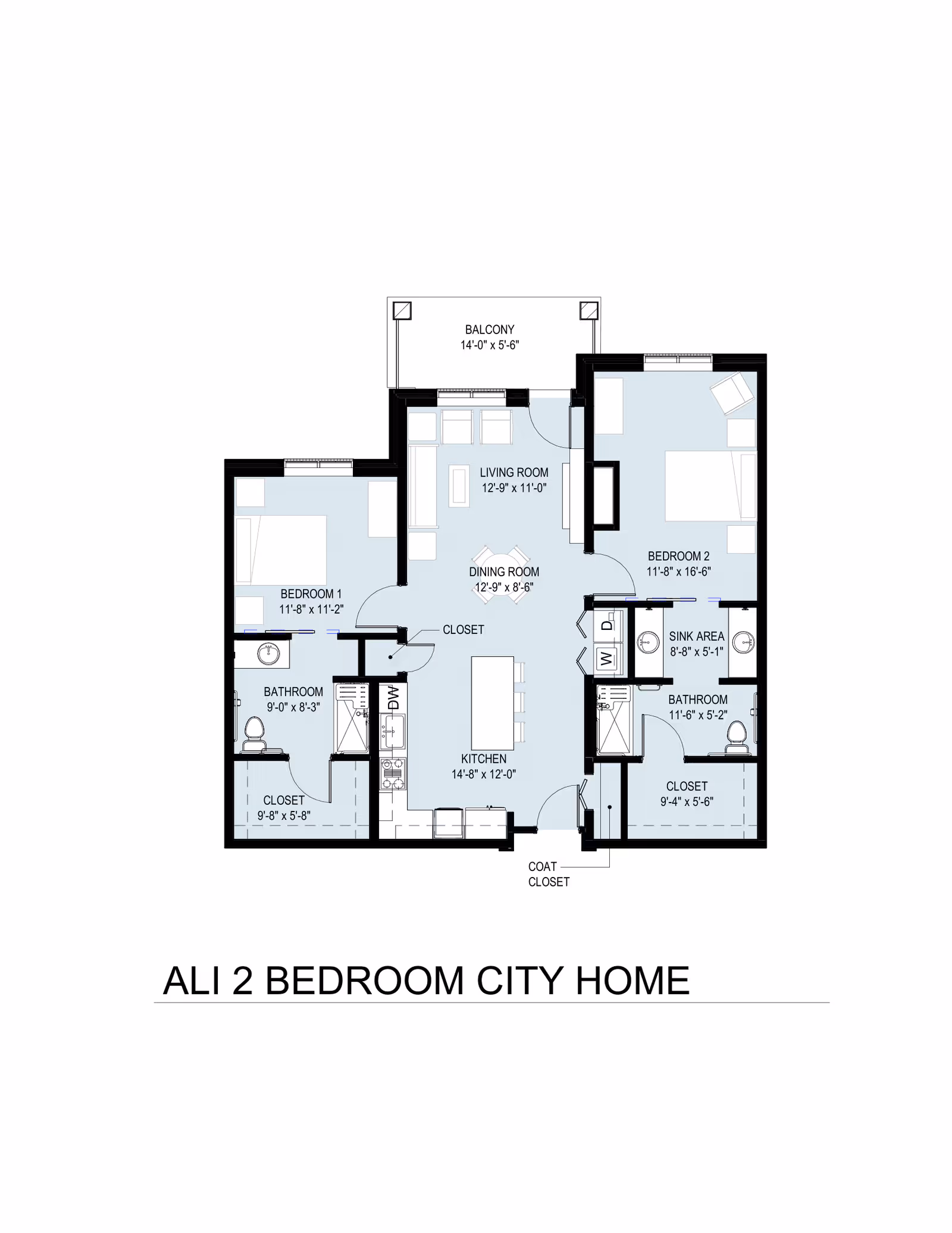 Floor plan of a two-bedroom city home featuring a balcony, living room, dining room, kitchen, two bathrooms, closets, and a sink area. The layout includes dimensions for each room and clearly marked spaces for furniture and appliances.