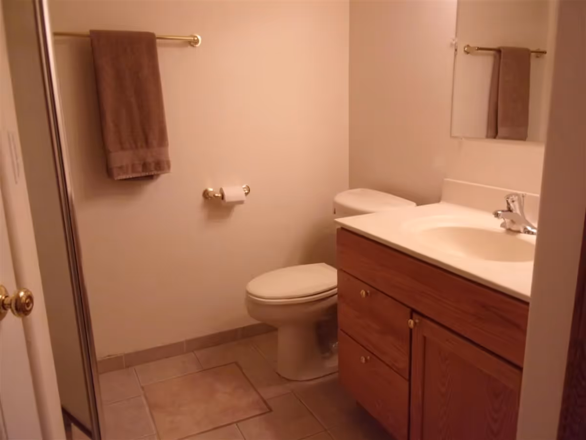 A small bathroom with a toilet, a wooden vanity with a sink, a mirror above the sink, a towel rack with a brown towel, and a toilet paper holder mounted on the wall.