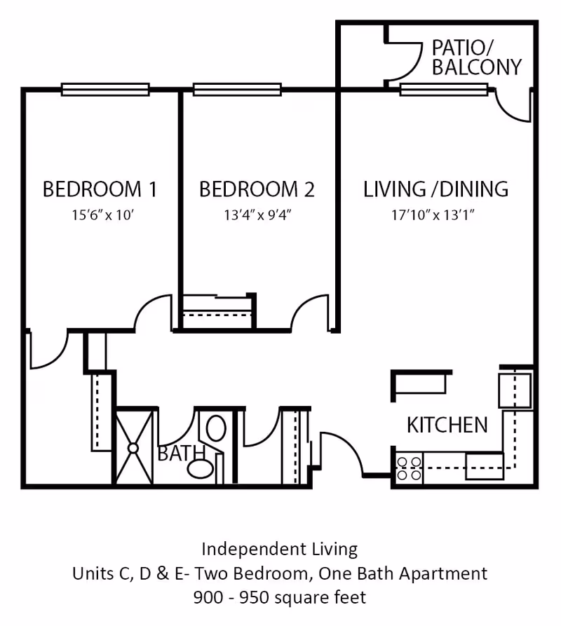 Floor plan of an independent living two-bedroom, one-bath apartment unit labeled Units C, D & E at The Amberleigh. The layout includes Bedroom 1 (15'6" x 10'), Bedroom 2 (13'4" x 9'4"), a combined Living/Dining area (17'10" x 13'1"), a Kitchen, a Bathroom, and a Patio/Balcony. The total area is between 900 and 950 square feet.