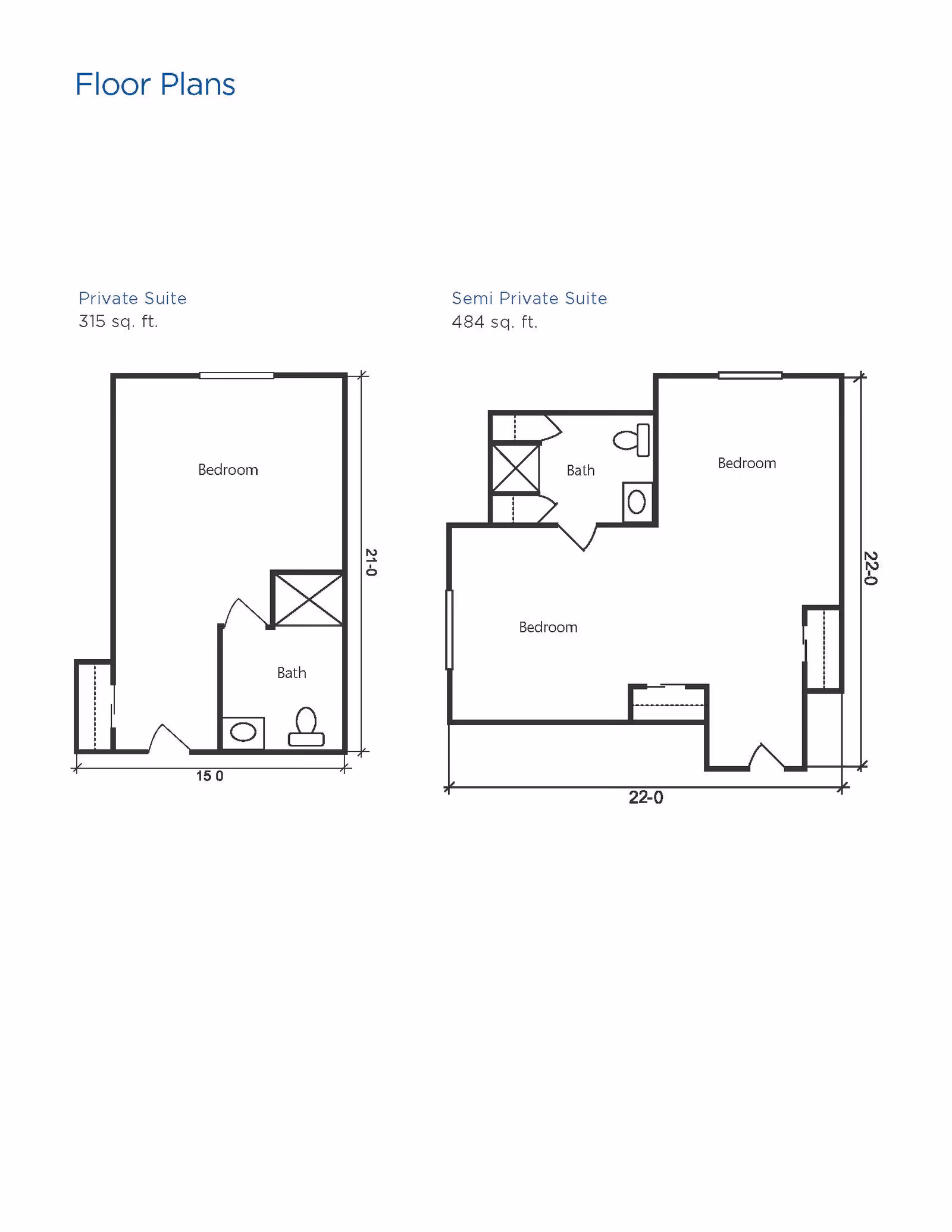 Floor plans for Brookdale Plymouth showing two suite layouts: a Private Suite of 315 square feet with a bedroom and bath, and a Semi Private Suite of 484 square feet with two bedrooms and a bath.