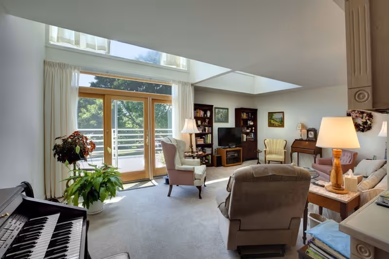 A bright living room with large windows and glass doors leading to an outdoor area. The room features several armchairs, a sofa, a wooden side table with a lamp, a television on a stand, bookshelves, framed artwork on the walls, and two potted plants near the glass doors. There is also an electronic keyboard in the foreground.