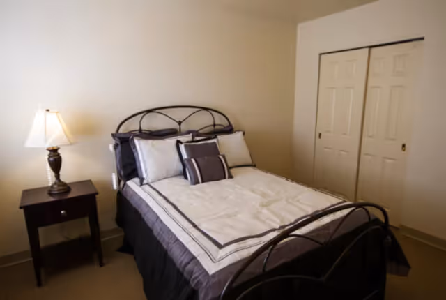 A bedroom with a neatly made bed featuring a black metal headboard and footboard, white and gray bedding with multiple pillows, a wooden nightstand with a lamp on the left side, and a closed white sliding closet door on the right wall.